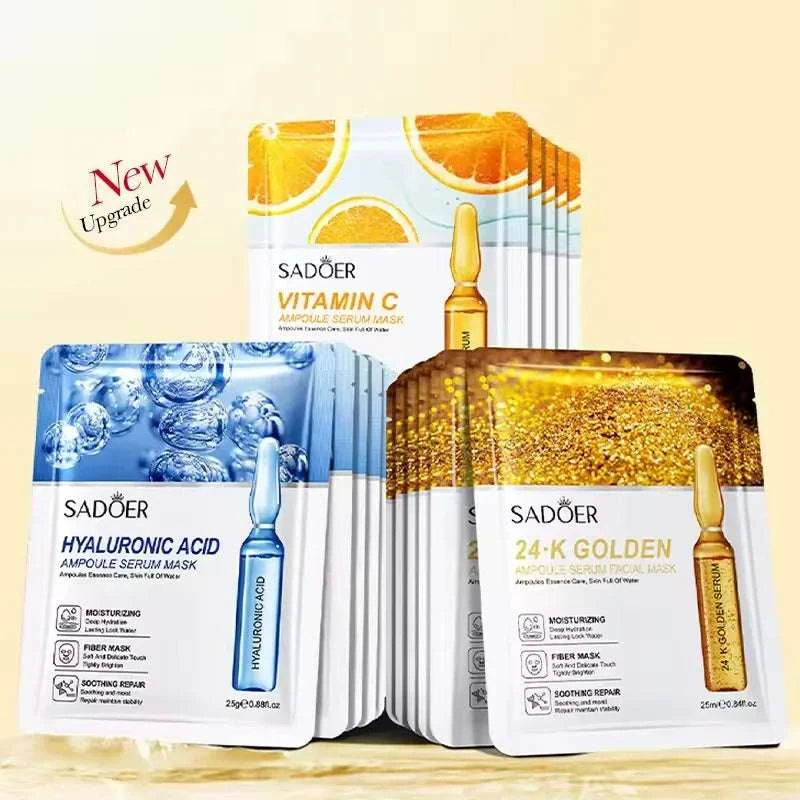 Masques Faciaux SADOER 24K Or & Vitamine C – Hydratants & Raffermissants (10 pcs)