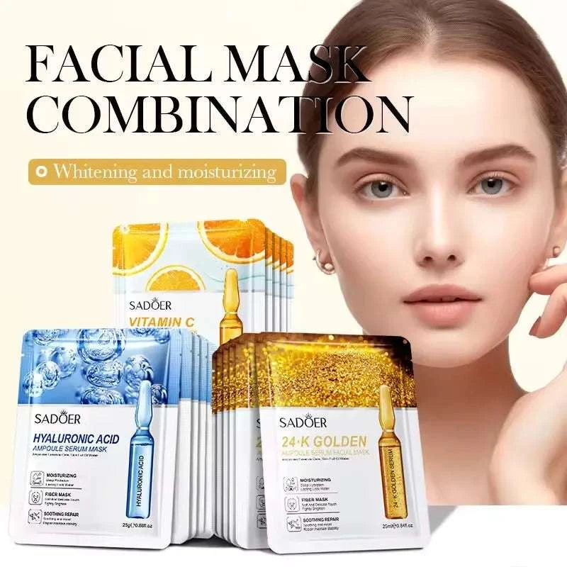 Masques Faciaux SADOER 24K Or & Vitamine C – Hydratants & Raffermissants (10 pcs)